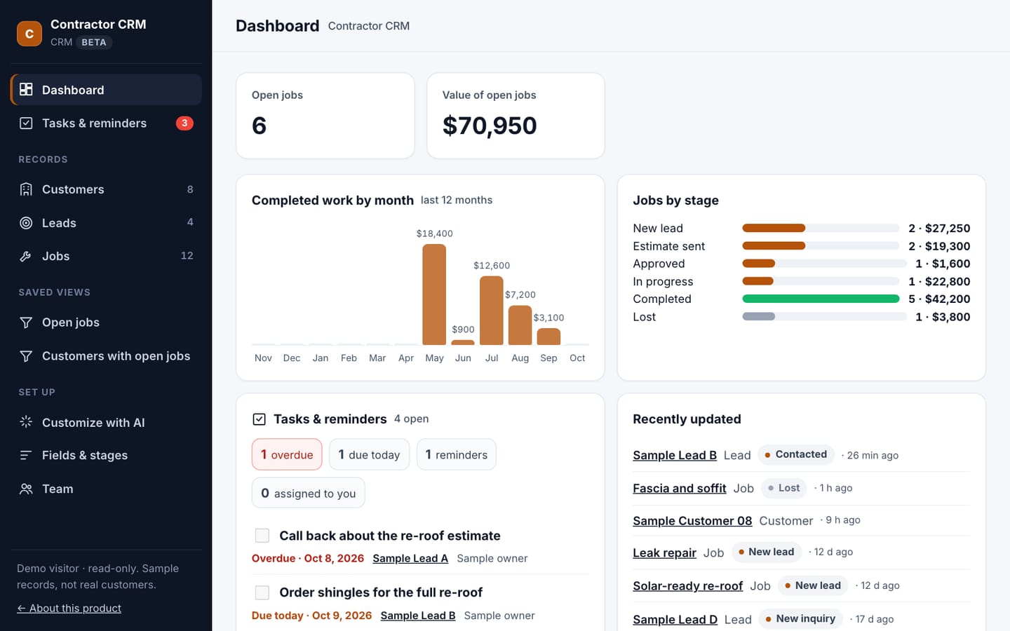 Contractor CRM: real screenshot with labelled sample records