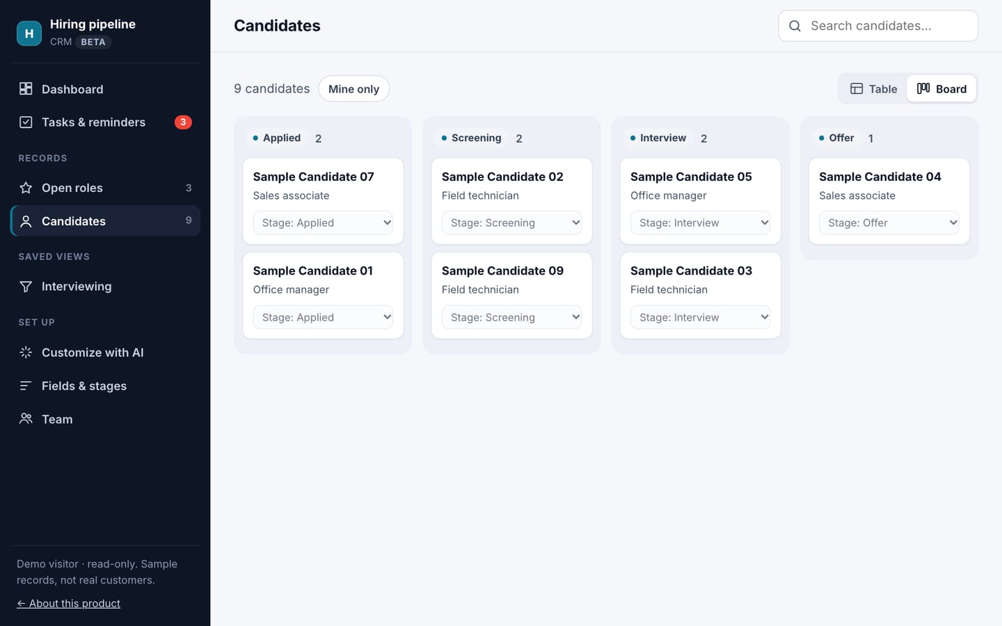 Hiring pipeline: real screenshot with labelled sample records