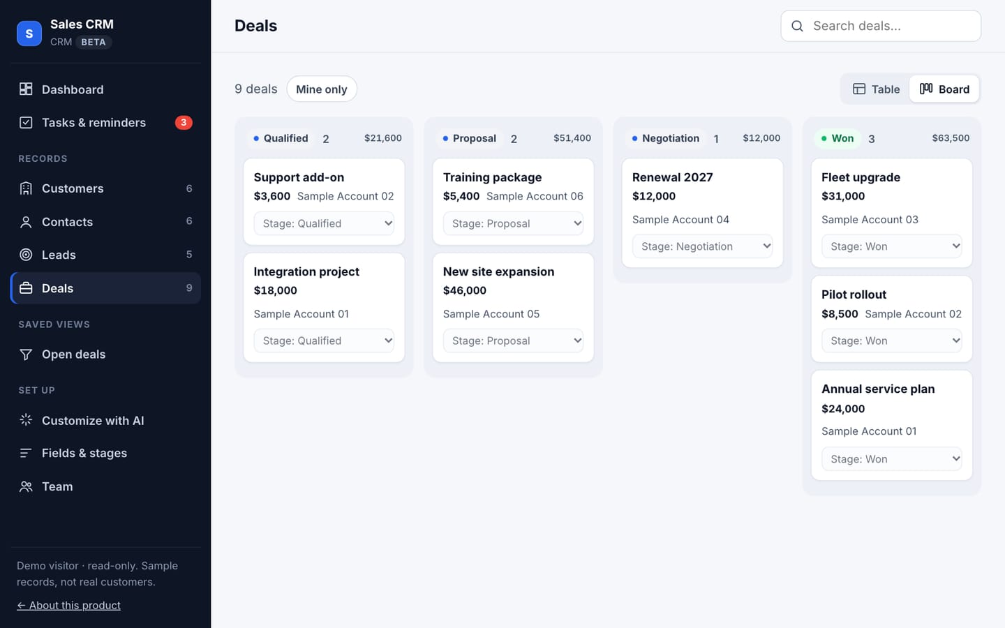Sales CRM: real screenshot with labelled sample records