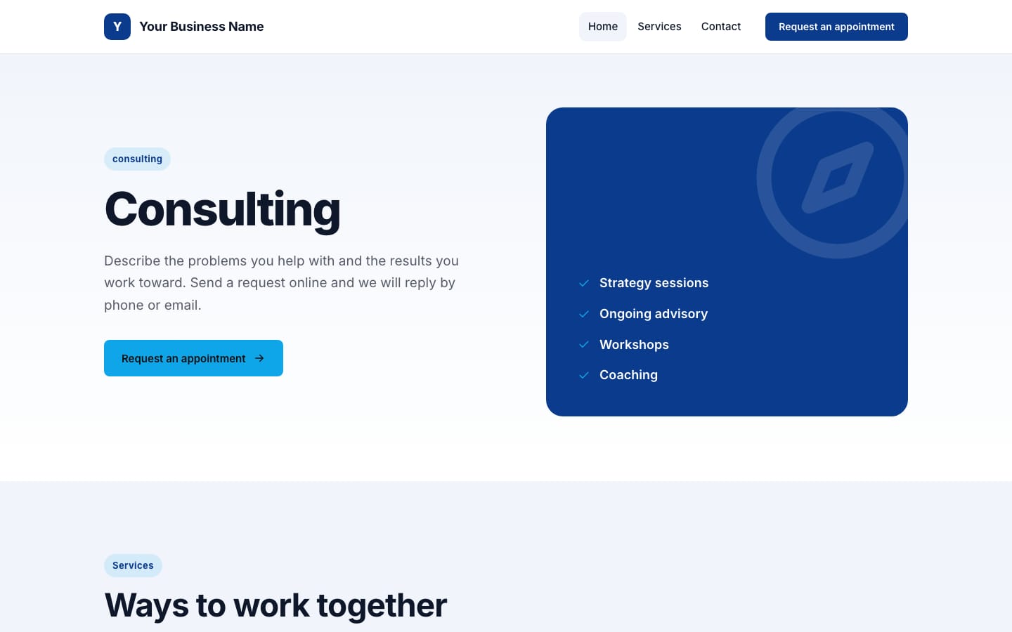 Professional services website, Meridian design: real Steadline render with placeholder content