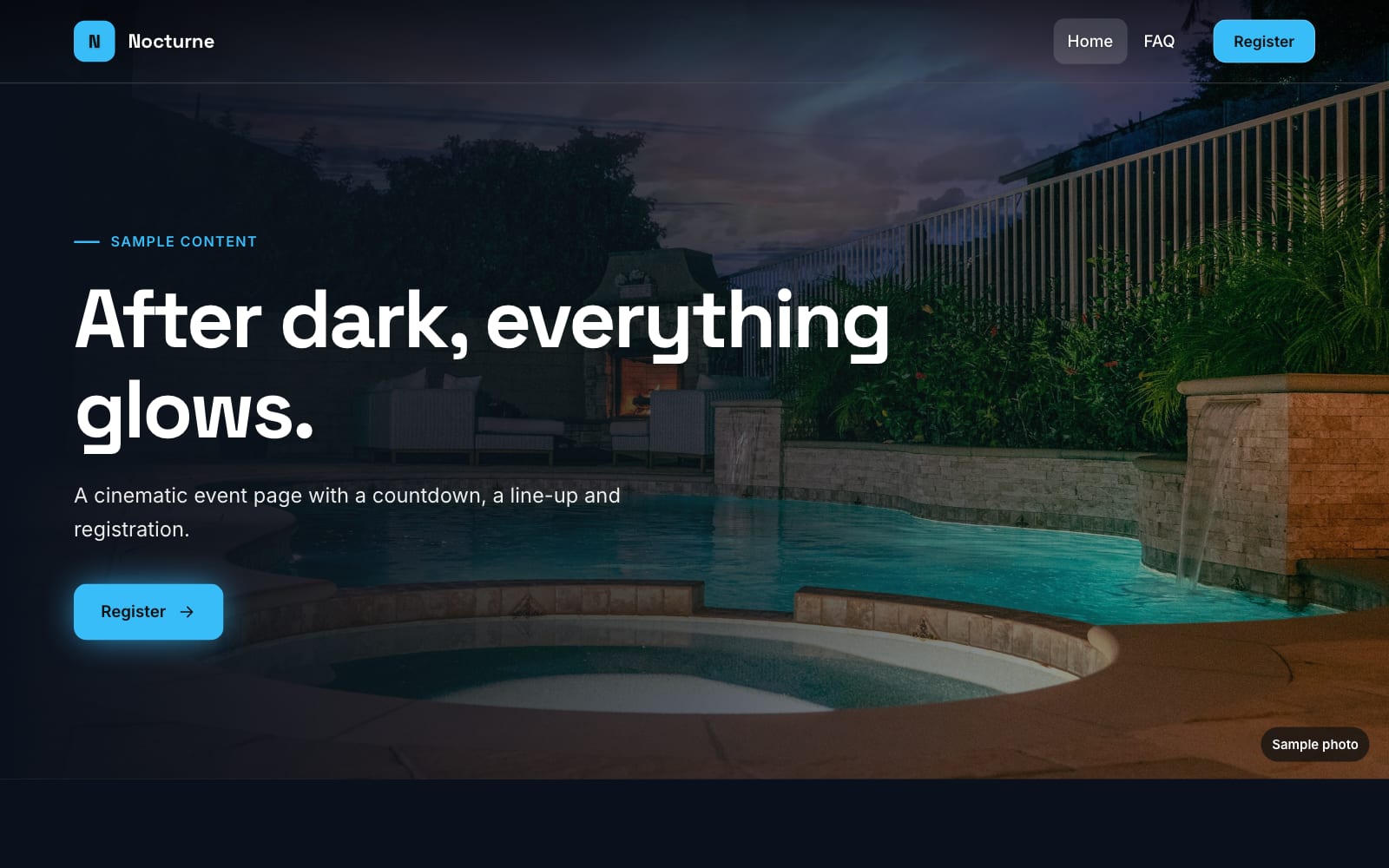 Nocturne design, Event & registration layout, desktop: real render with sample content