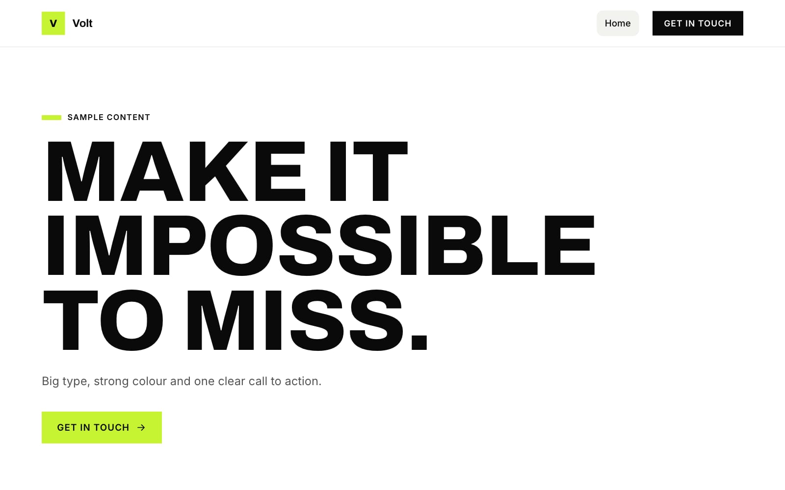 Volt design, One-page launch layout, desktop: real render with sample content
