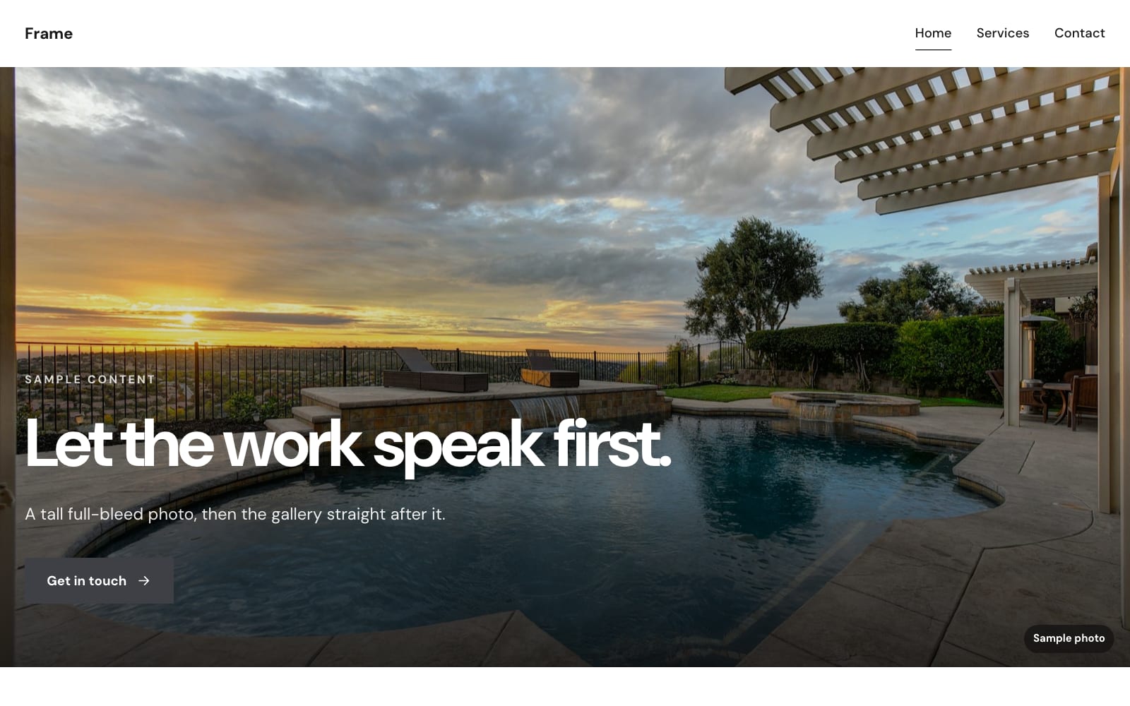 Frame design, Portfolio layout, desktop: real render with sample content