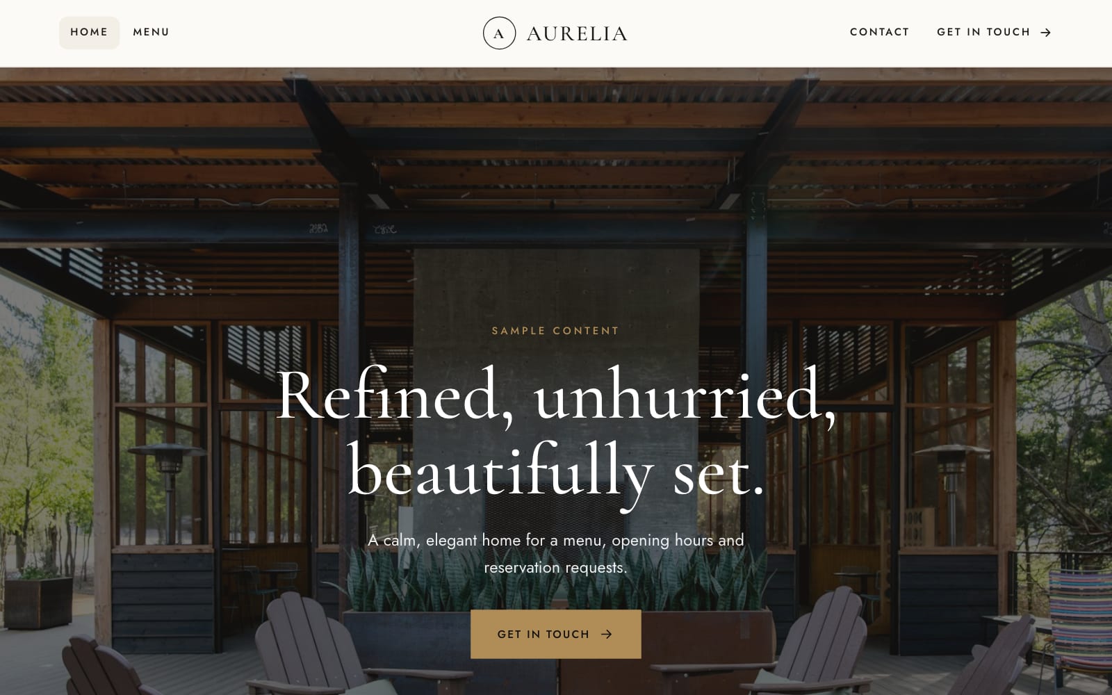 Aurelia design, Menu & reservations layout, desktop: real render with sample content