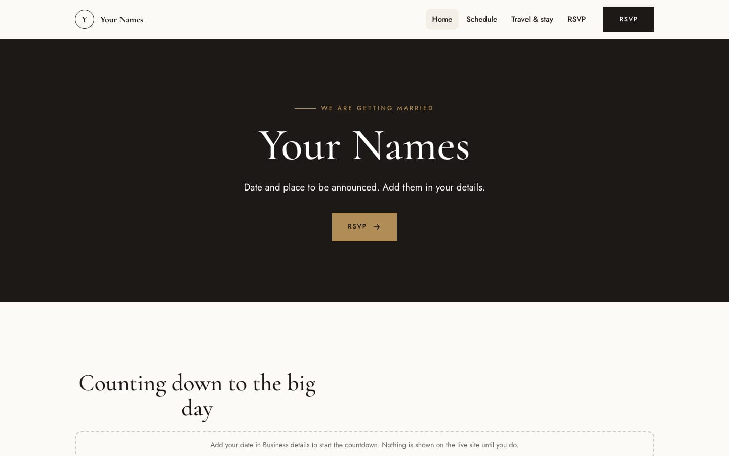 Wedding website, Aurelia design: real Steadline render with placeholder content