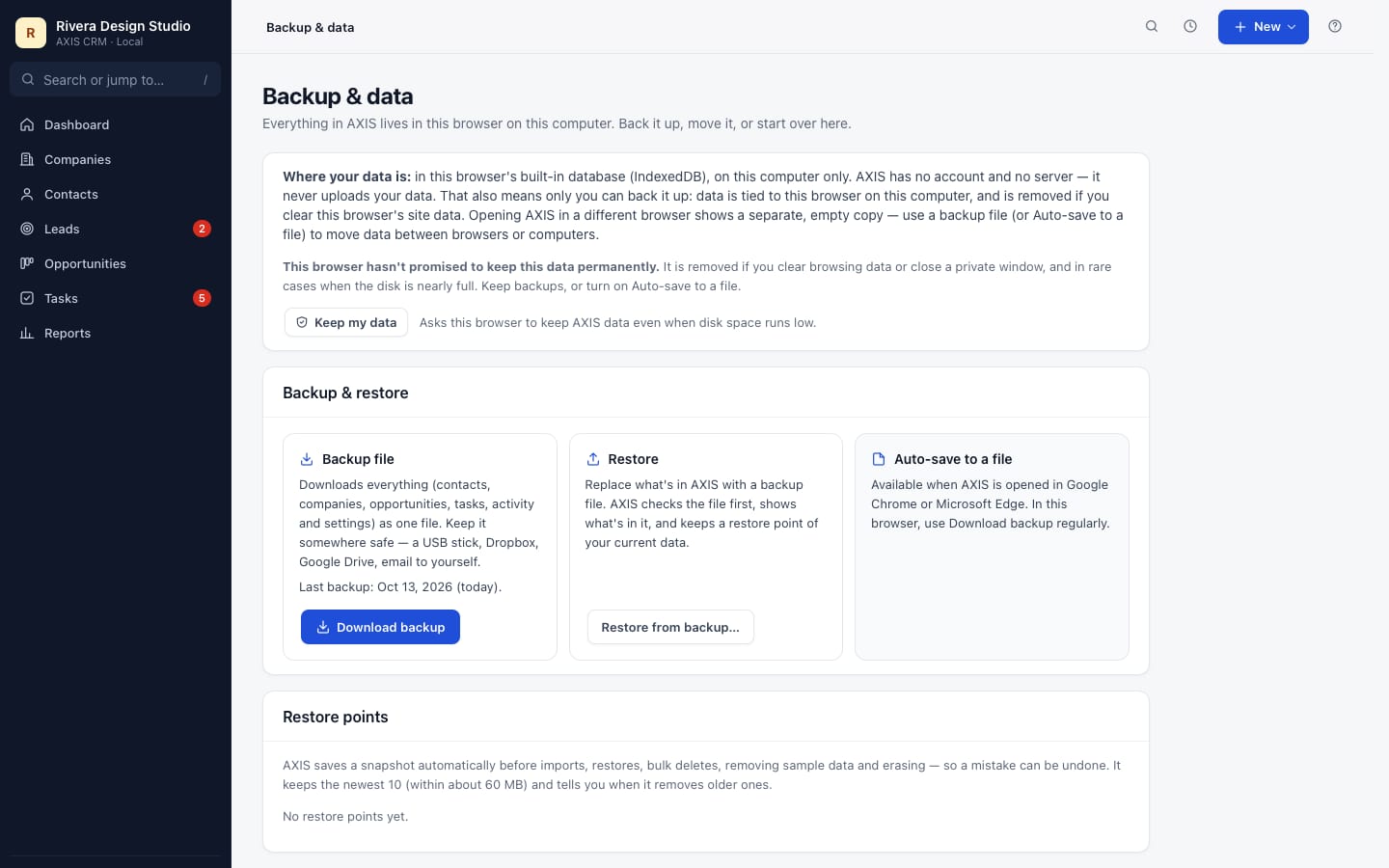 The AXIS CRM Backup & data page: where the data is stored, download backup, restore, auto-save to a file, restore points and storage on this computer