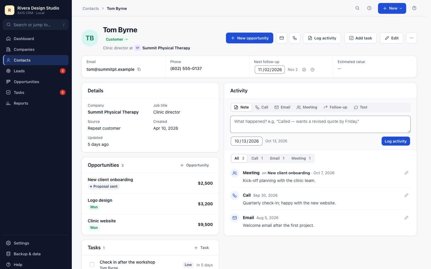 A contact record in AXIS CRM with sample records: email, phone, next follow-up, details, opportunities, tasks and an activity timeline