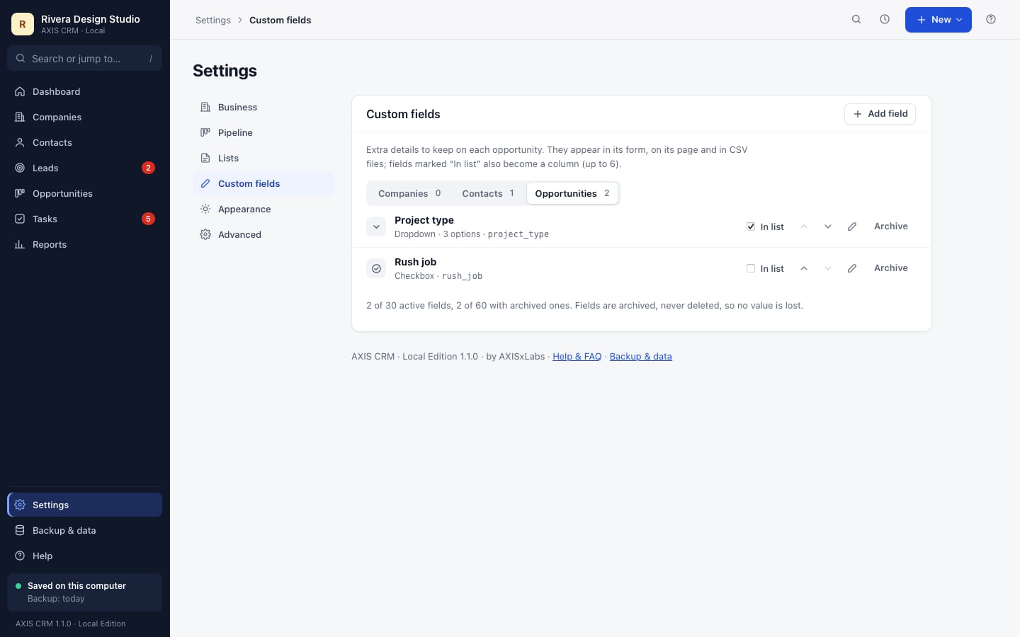 AXIS CRM Settings, Custom fields, with a dropdown field and a checkbox field on opportunities