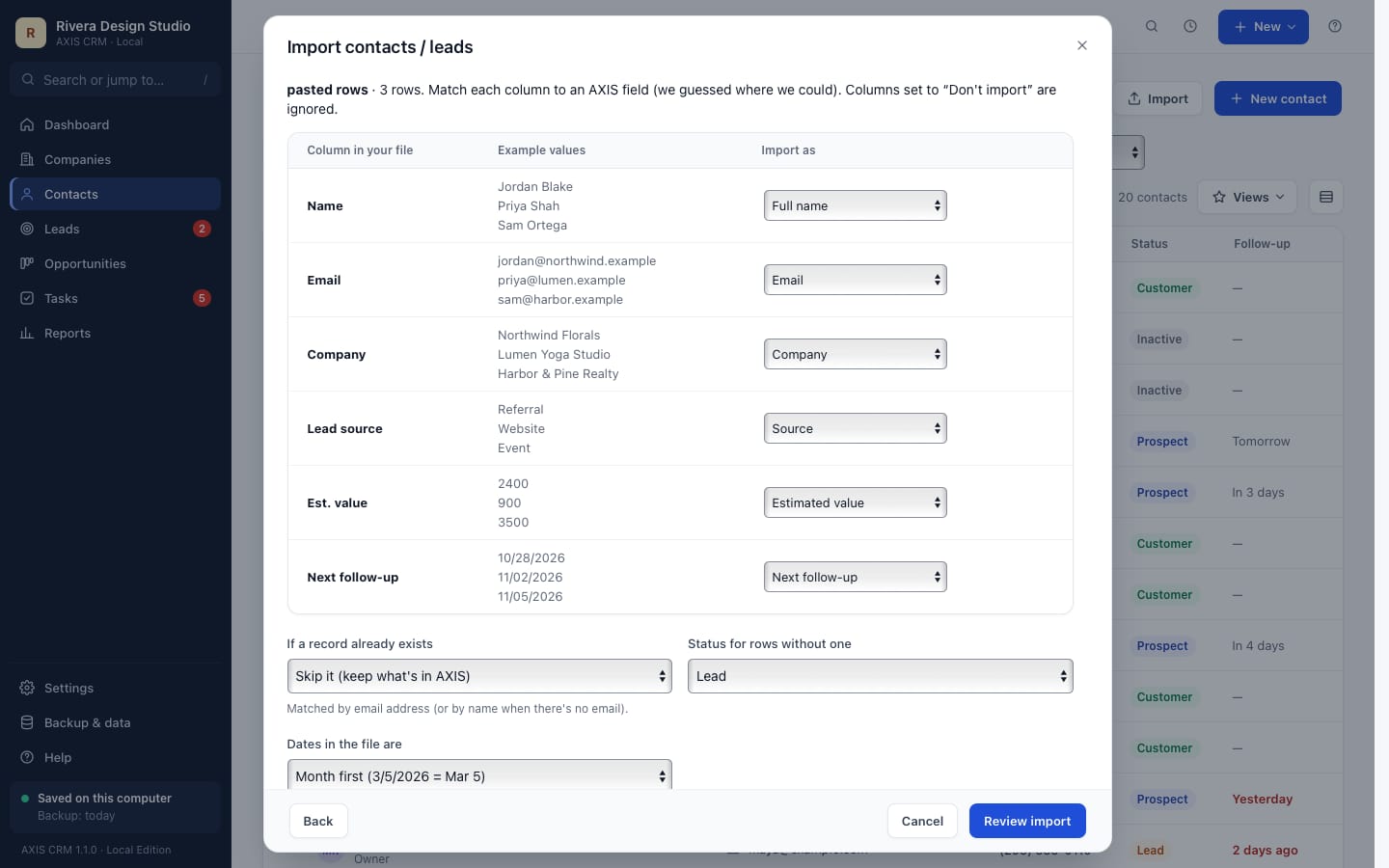 The AXIS CRM import screen matching spreadsheet columns to fields, with example values and a review step