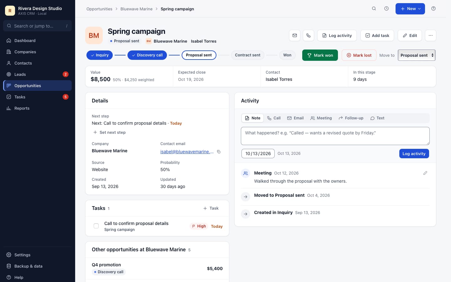 An opportunity record in AXIS CRM with sample records: stage path, Mark won and Mark lost, value, expected close, next step, tasks and activity