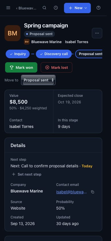 An AXIS CRM opportunity on a 390-pixel-wide screen in dark mode, with sample records