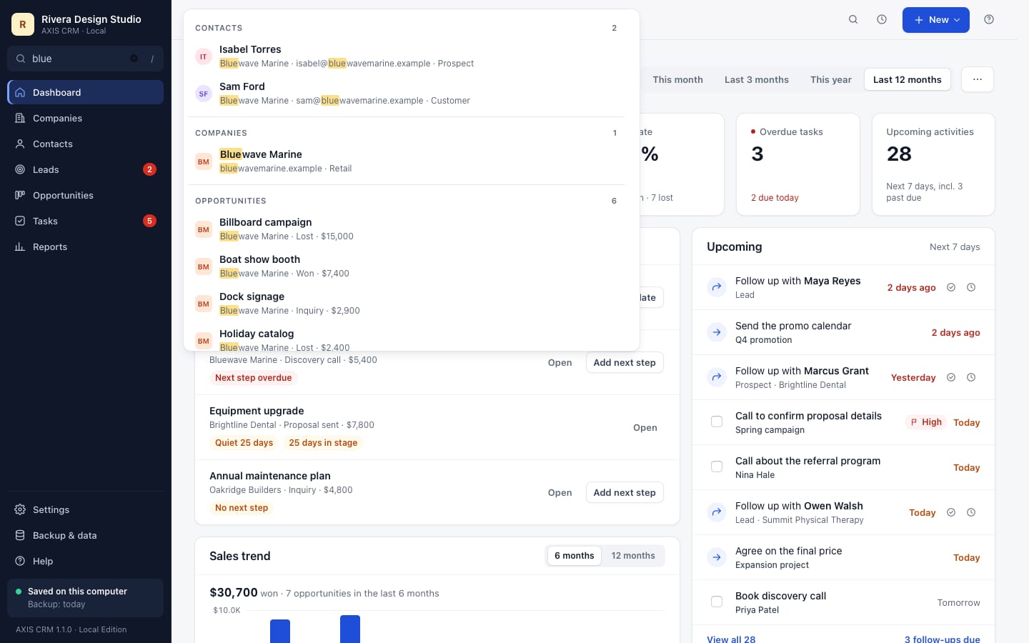 AXIS CRM search with sample records: typing “blue” finds matching contacts, a company and opportunities