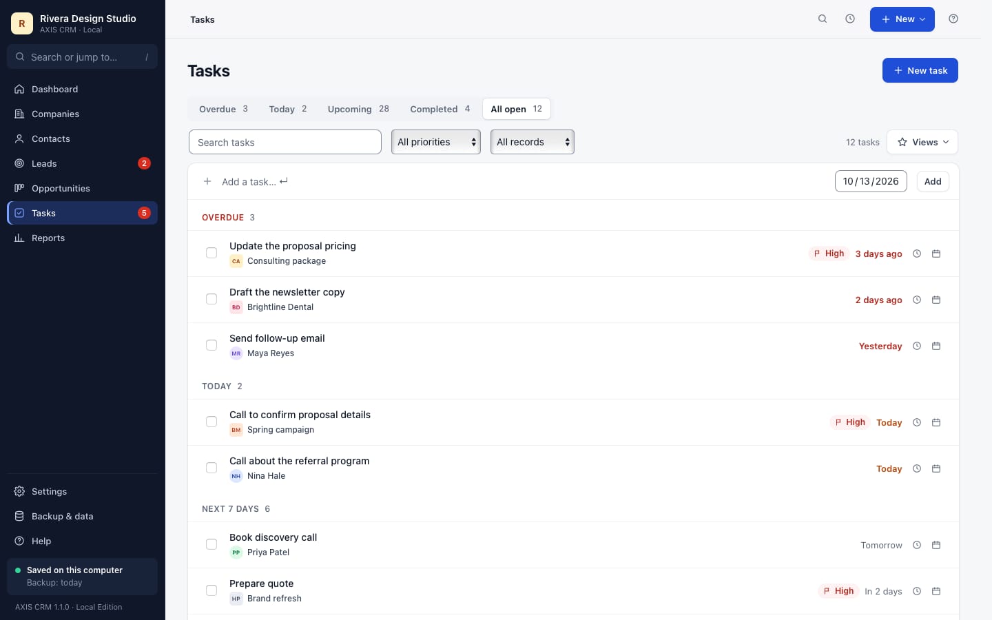 AXIS CRM tasks with sample records grouped into Overdue, Today and Next 7 days, with priorities, snooze and calendar buttons
