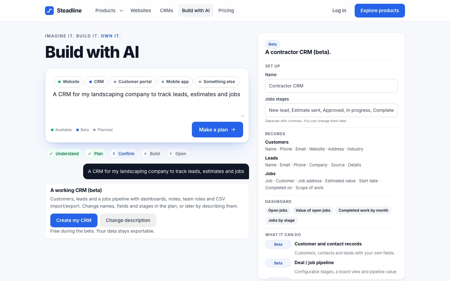 Real screenshot of Build with AI planning a product from a description.