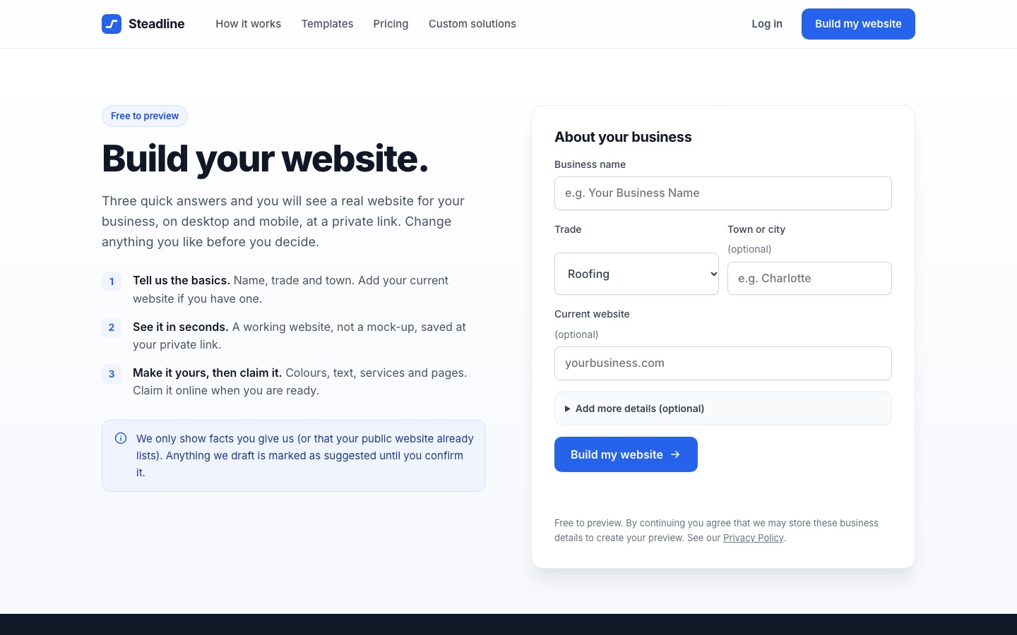 The Build My Website form asking for business name, trade, town and current website