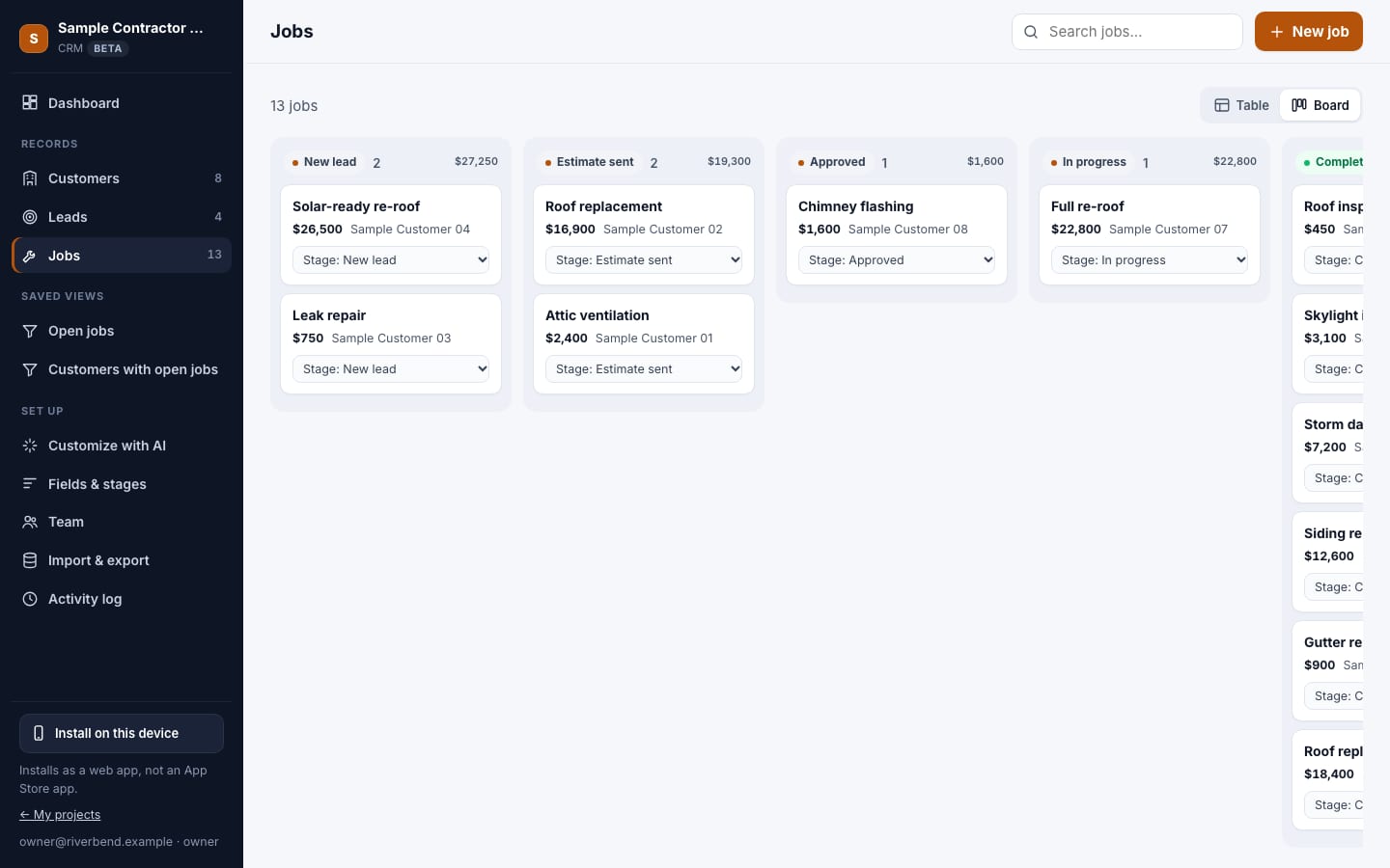 Contractor CRM (beta): jobs board with stages and totals