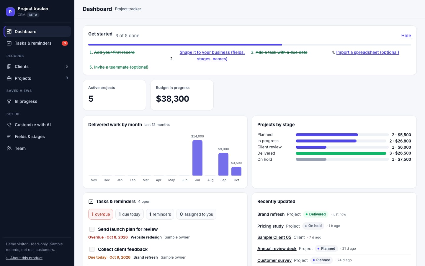 Real screenshot of the project tracker with labelled sample records.