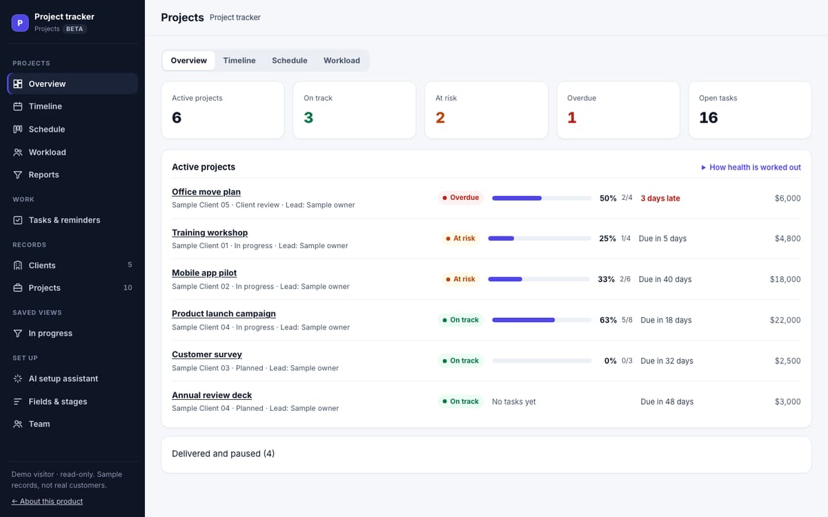 Project Tracker: overview with progress and health, sample projects