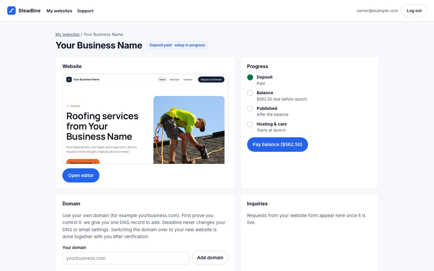 The Steadline customer dashboard showing website progress, domain and inquiries