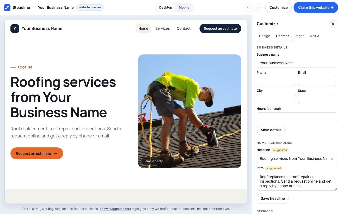 The editor content tab with business details, headline and services fields