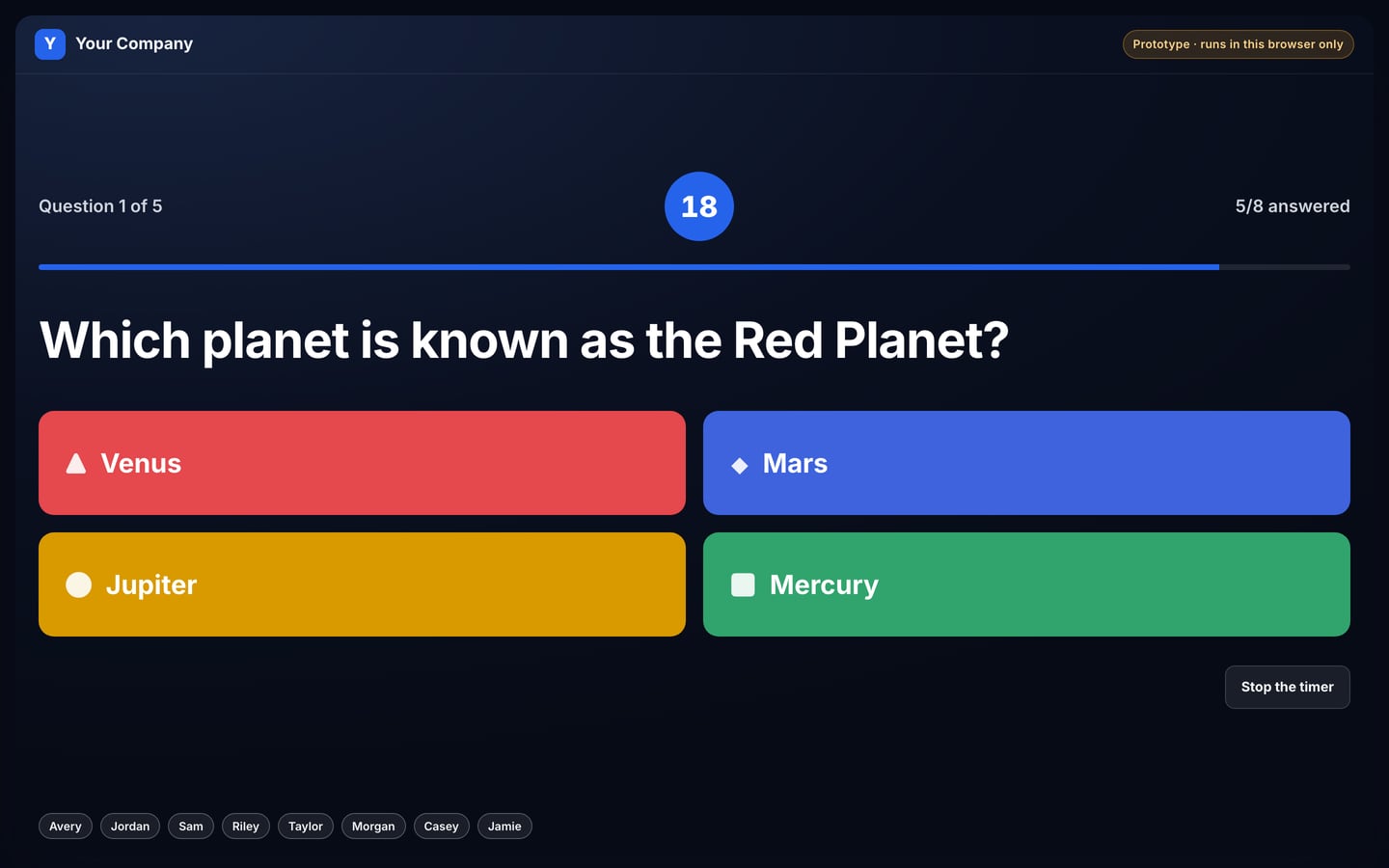 Corporate Games prototype: host screen with a timed question