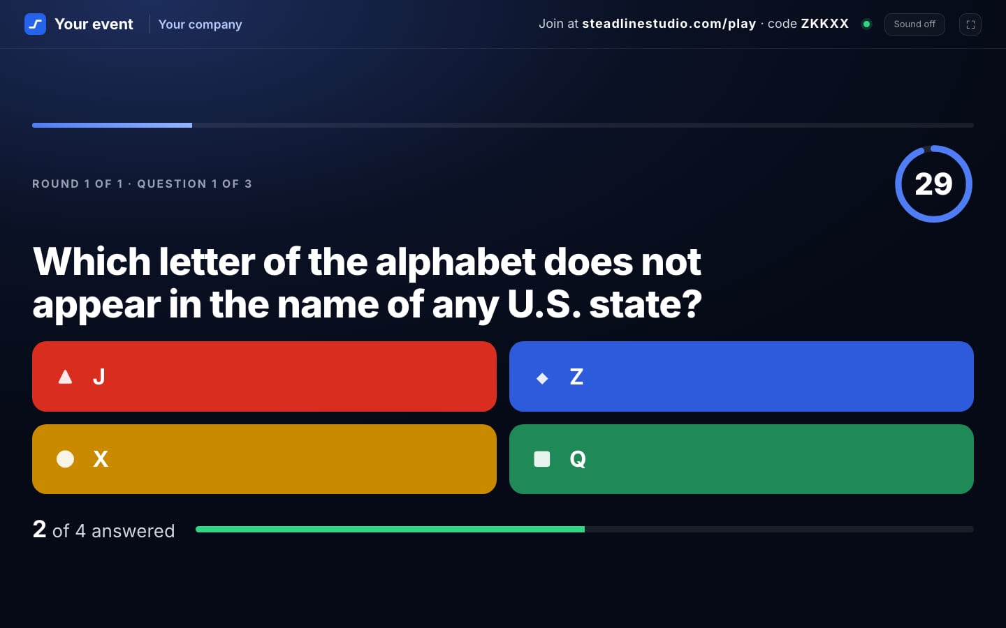 Live Trivia: the presenter display with a timed question (sample game, placeholder names)