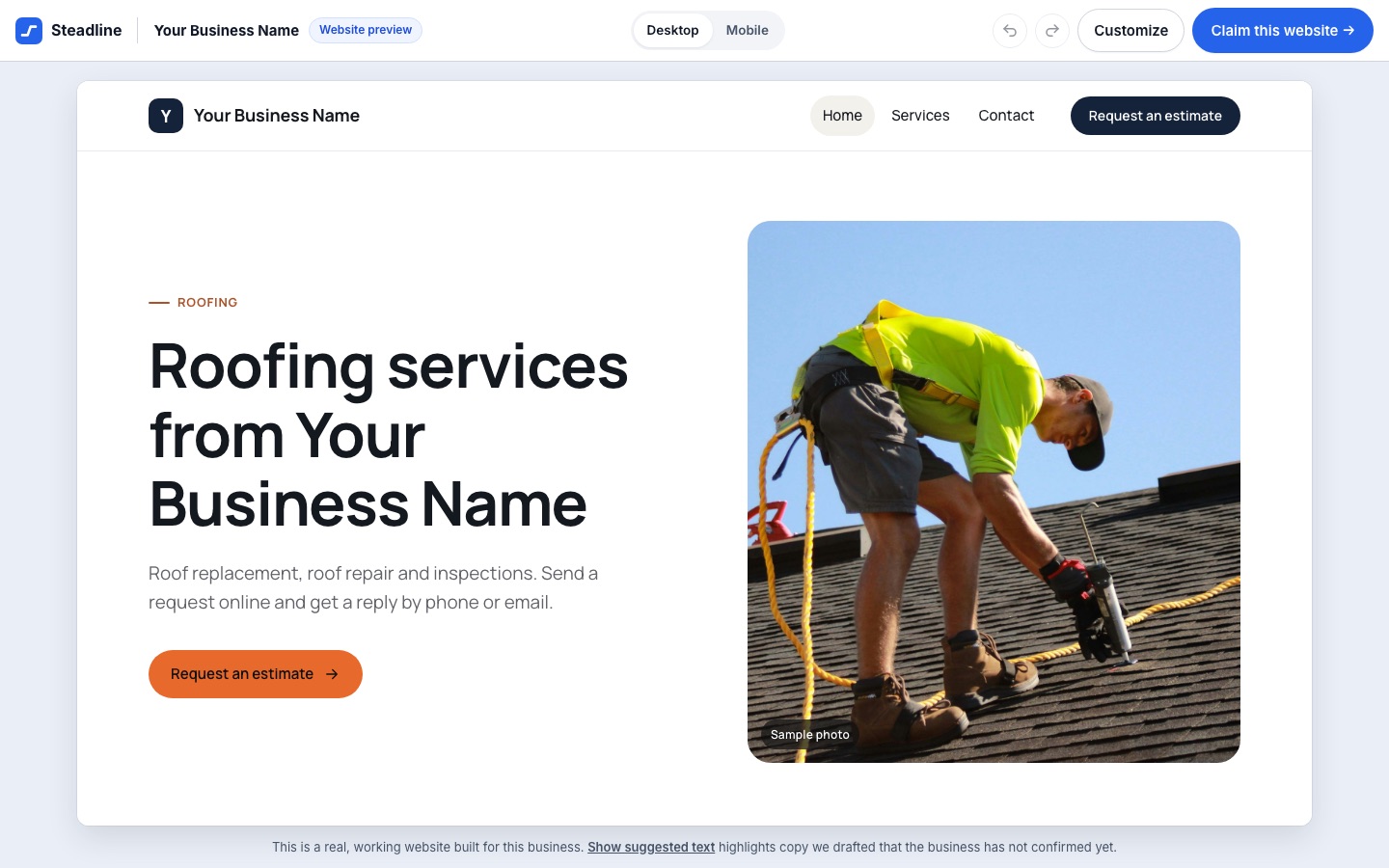 A generated website preview in the Steadline editor, desktop view