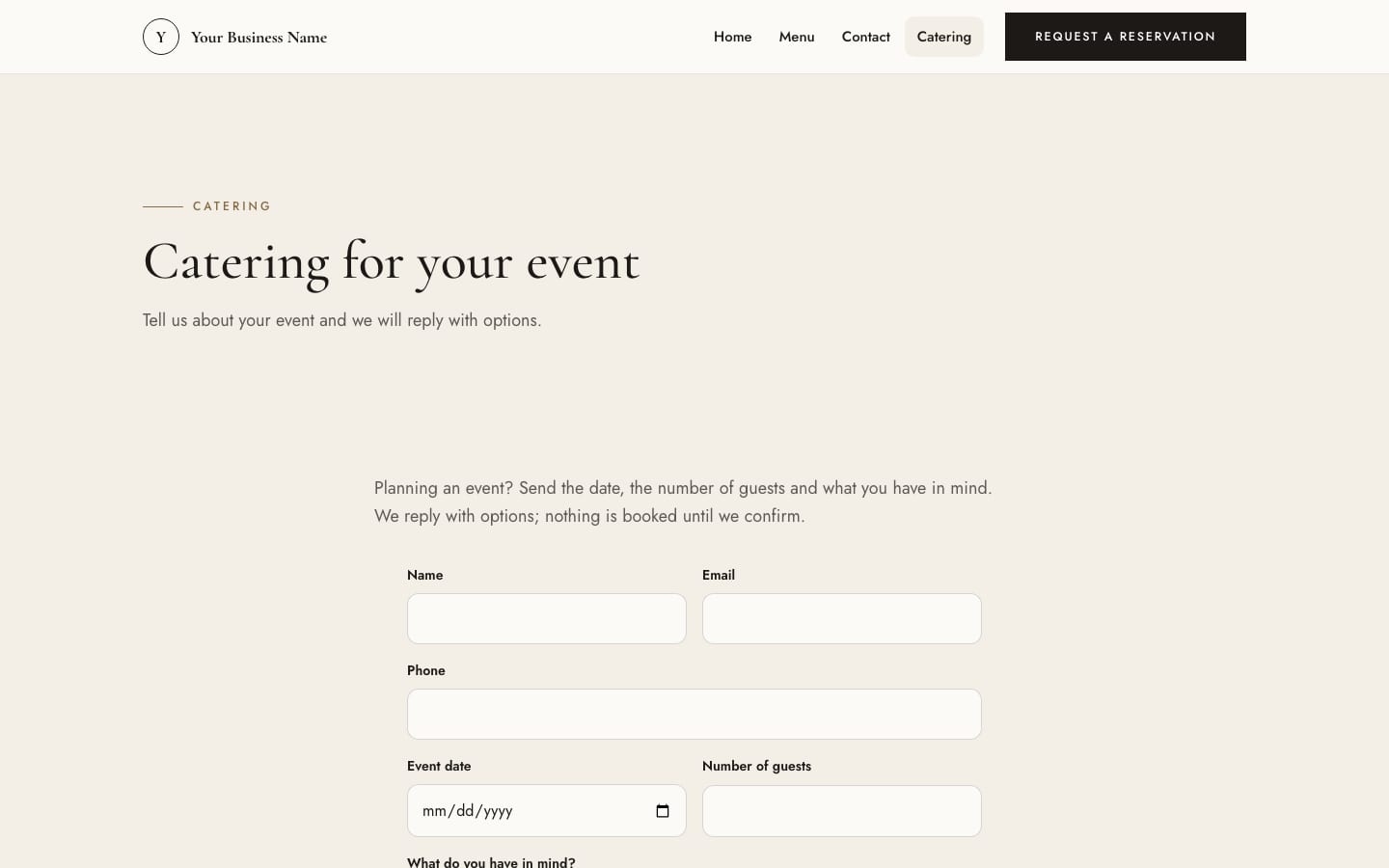 Restaurant website: catering inquiries on their own page