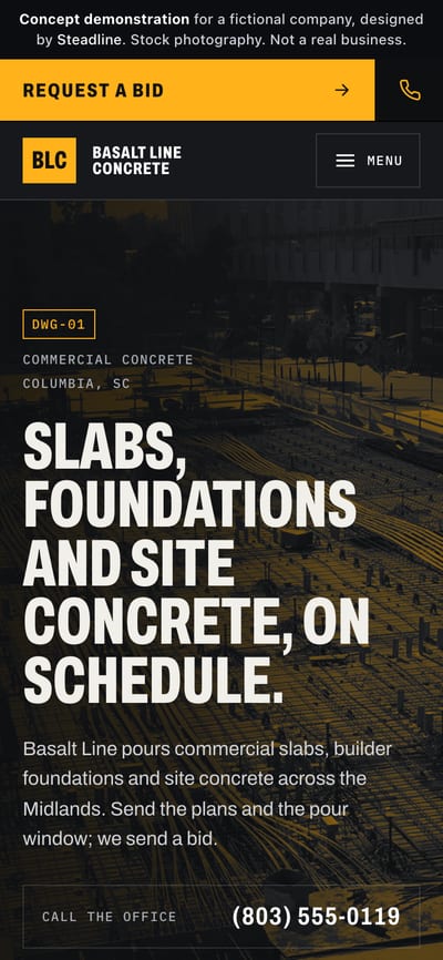 The Basalt Line Concrete concept demonstration (fictional company) on a phone