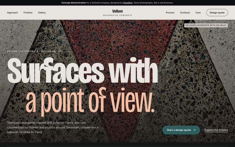Homepage of the Vellum Decorative Concrete concept demonstration (fictional company), desktop view