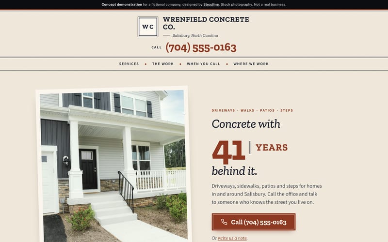 Homepage of the Wrenfield Concrete Co. concept demonstration (fictional company), desktop view