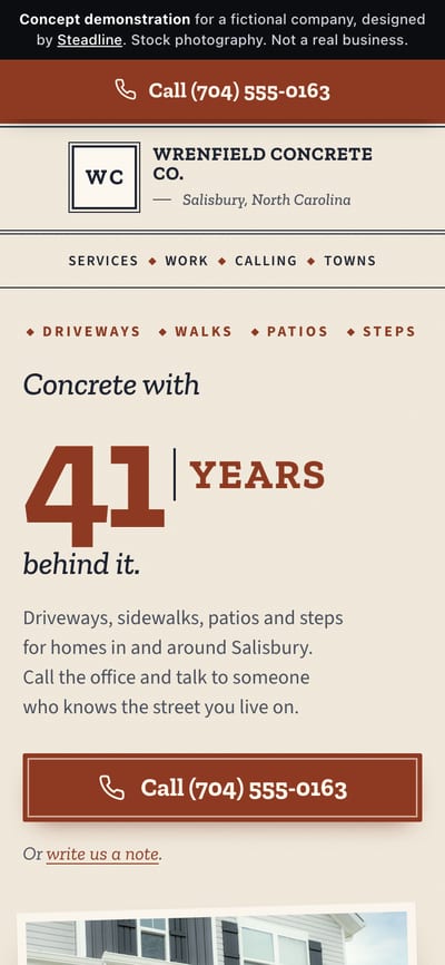 The Wrenfield Concrete Co. concept demonstration (fictional company) on a phone