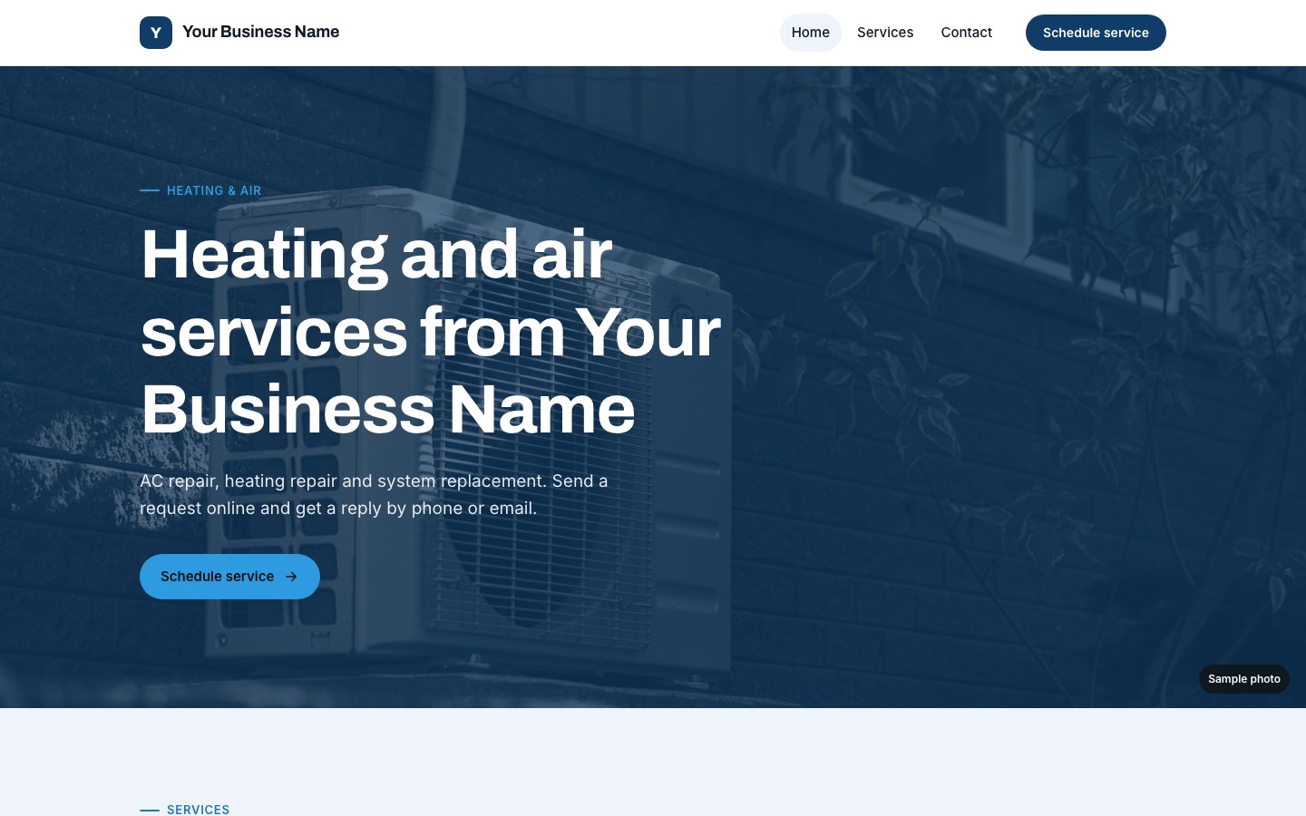 Heating & air template · Bold layout, shown with placeholder content