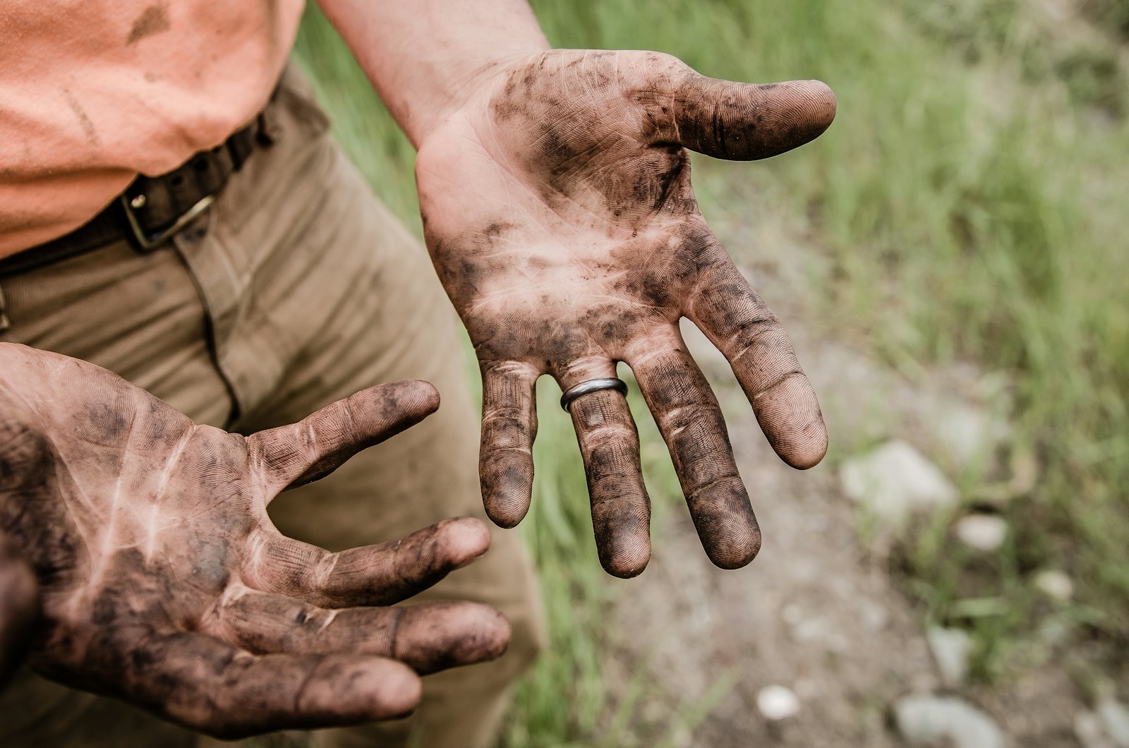 Work-worn hands covered in dirt, palms turned up