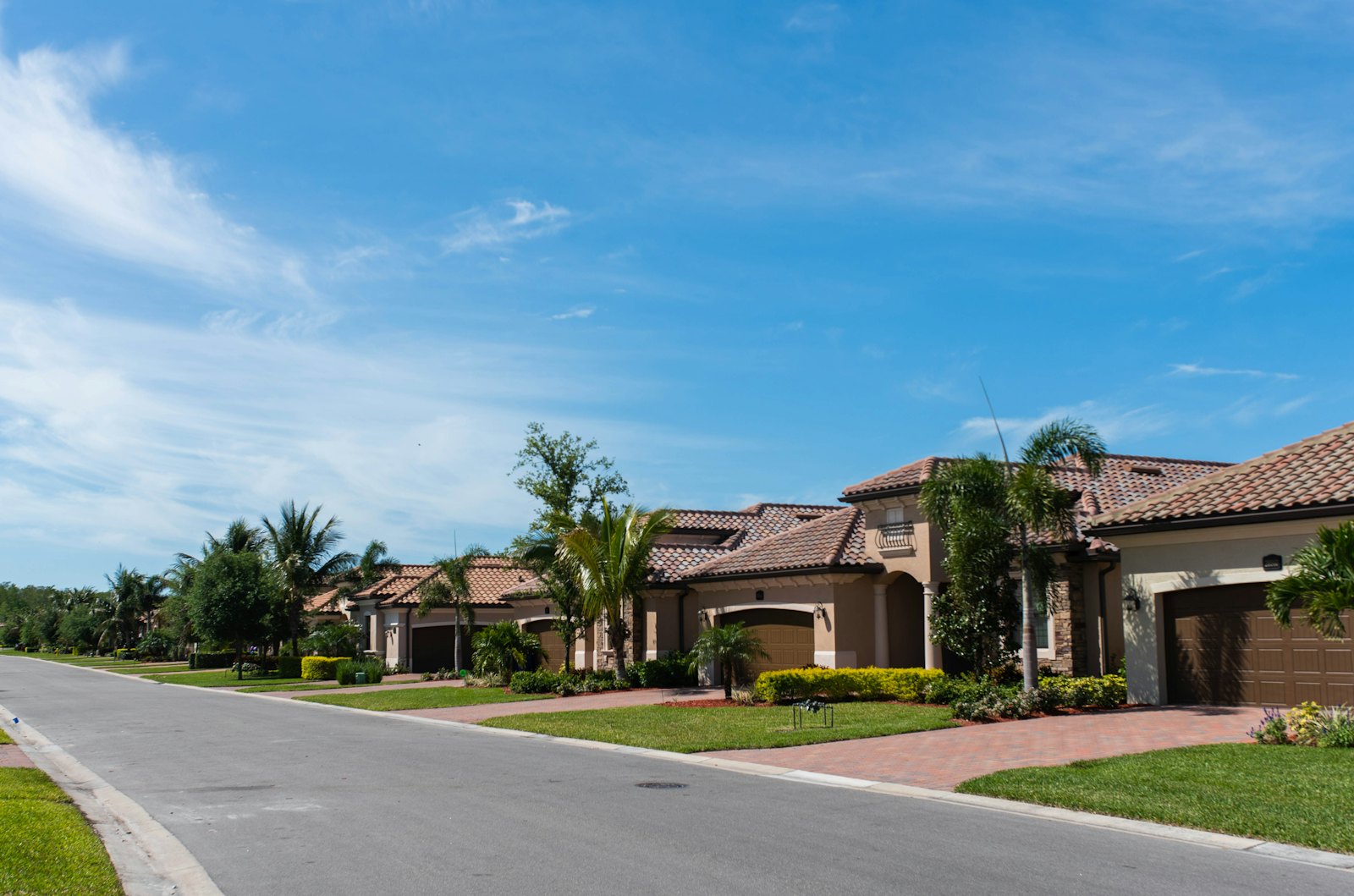 Suburban street with sidewalks, palm trees and tile-roof homes under a blue sky